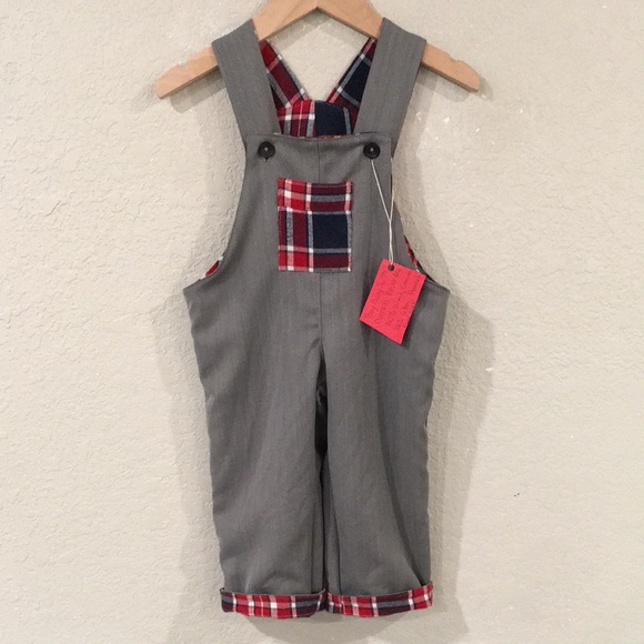 Overalls 100%‎ Wool Baby Boy 9M Reversible Gray & Blue Checkered Lined Preppy - Picture 1 of 13